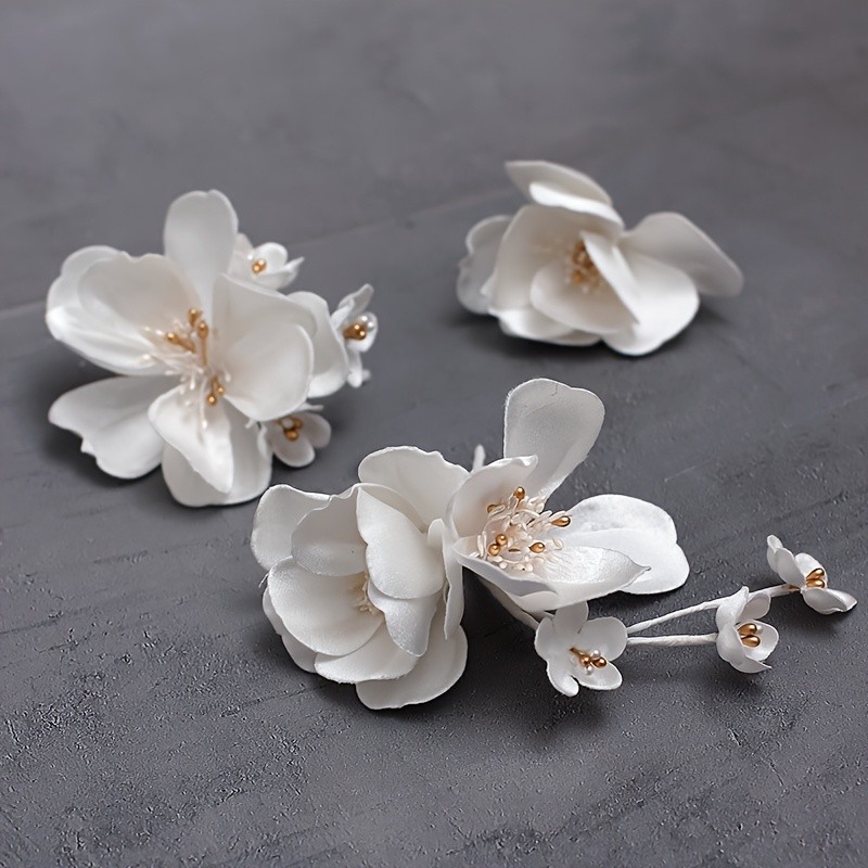 3pcs Elegant White Flower Hairpins - Bohemian Style, Fabric with Golden Center, Perfect for Brides, Weddings, and Bridal Makeup Look, Bridal Hair Accessories | Bohemian Hair Decor | Fabric Flowers