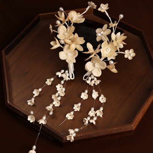 2pcs Elegant Beige Floral Hair Clips with Faux Pearl & Tassel Accents - Handmade Women'S Hair Accessories for Weddings, Parties, and Formal Events, Party Hair Accessories | Floral Hair Clip | Intricate Craftsmanship, Hair Accessories for