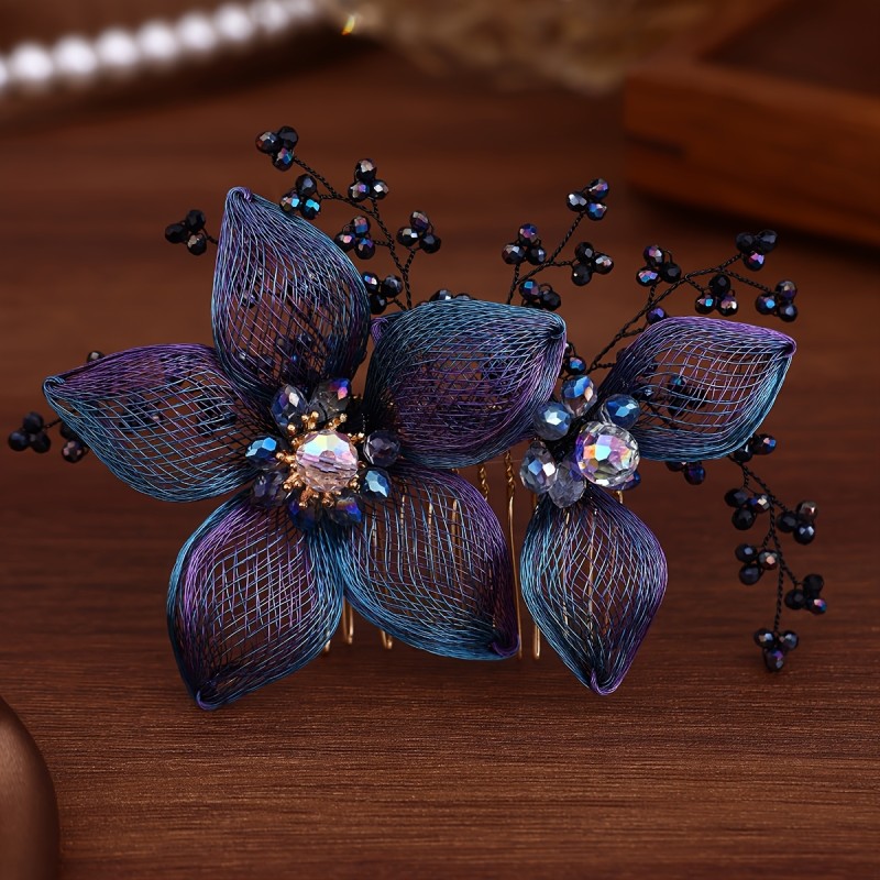 1pc Elegant Handmade Flower Hair Comb - Retro Copper Headdress with Iridescent Blue & Purple Petals, Black Beads & for Updo Styling, Perfect for Special Occasions & Casual Attire, Hairstyle Enhancer | Vintage Style | Handcrafted Comb, Hair Accessories