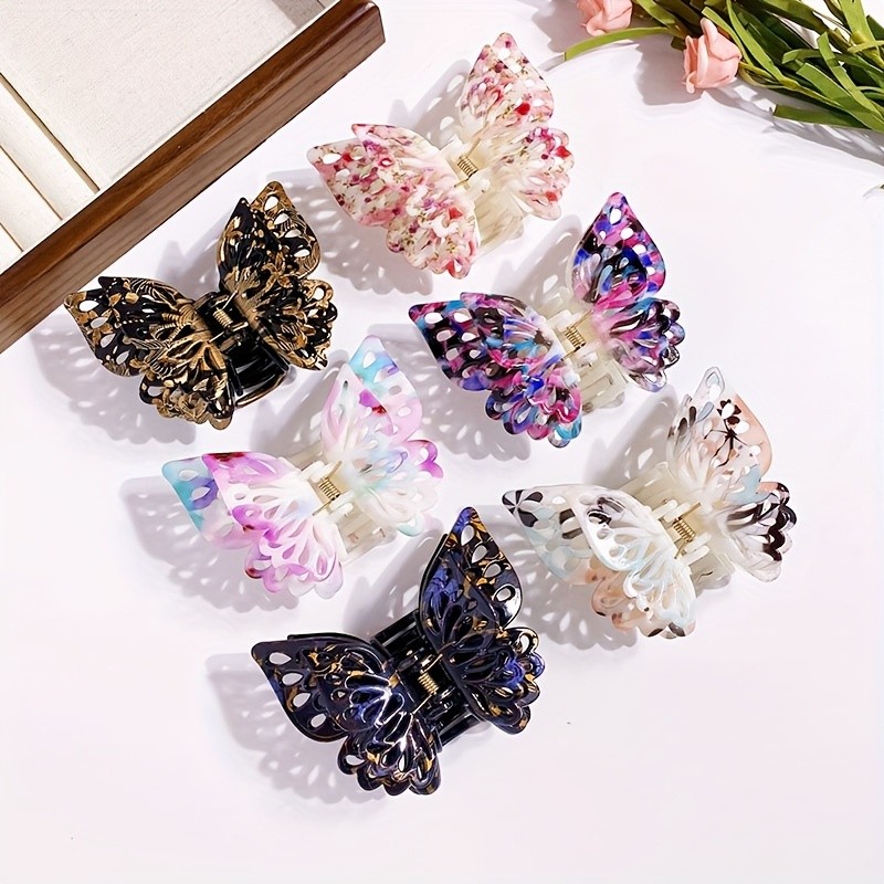6pcs Butterfly Three-layer Wing Hair Claw Clips Ladies New Color Hair Clips Medium Fashion Color Matching Hair Accessories Wedding Party Travel Firm Hair Accessories Suitable for Any Season