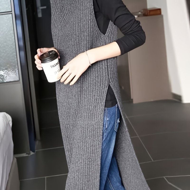 Autumn and Winter New Split Cardigan Knitwear Mid-Length Pullover Half-High Collar Outer Layer Vest Skirt for Women