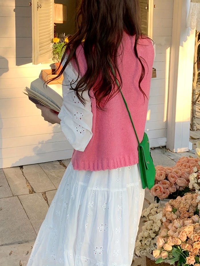 Women'S Elegant Pink Floral Cable Button-Up Sleeveless Sweater Cardigan Vest