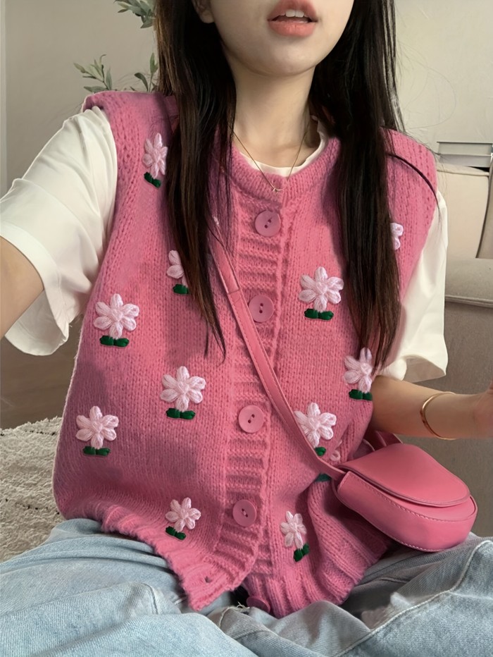 Women'S Elegant Pink Floral Cable Button-Up Sleeveless Sweater Cardigan Vest