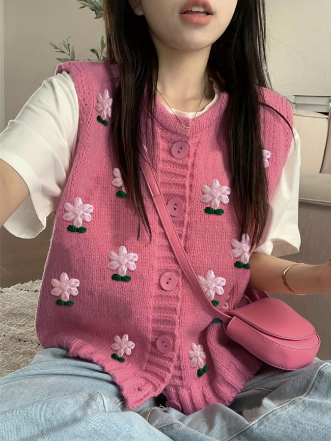 Women'S Elegant Pink Floral Cable Button-Up Sleeveless Sweater Cardigan Vest