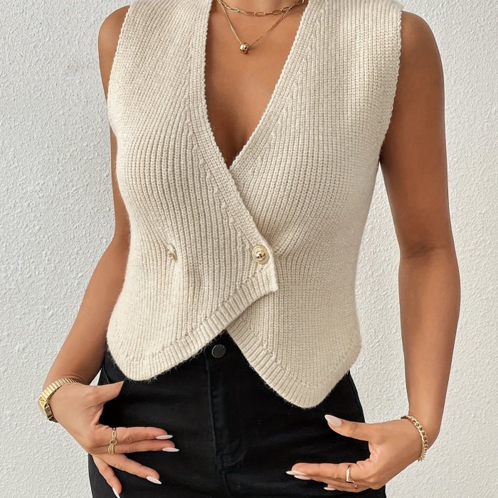 Spring, Autumn, and Winter New Hot-Selling Casual Fashion Button-Up Minimalist Stylish Short Sweater Vest for Women
