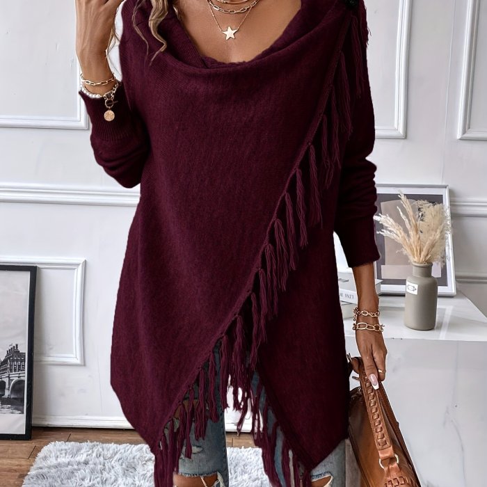 Elegant CardiganElegant Women's Brown Tassel Shawl with Ruffled Hem