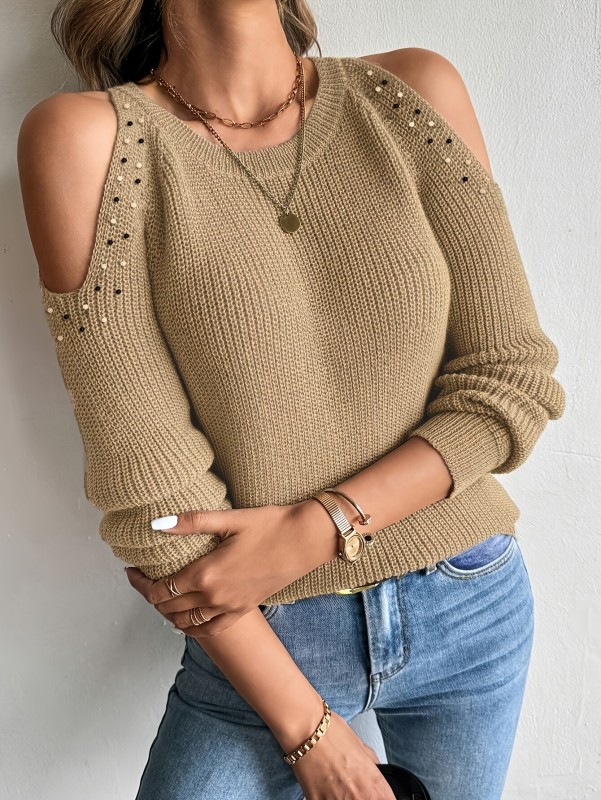 Women's Elegant Off-Shoulder Beaded Long Sleeve Soft Round Neck Pullover Sweater