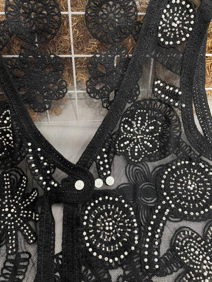 Elegant Asymmetrical Embroidered Floral V-Neck Capelet Loose Fit Vest