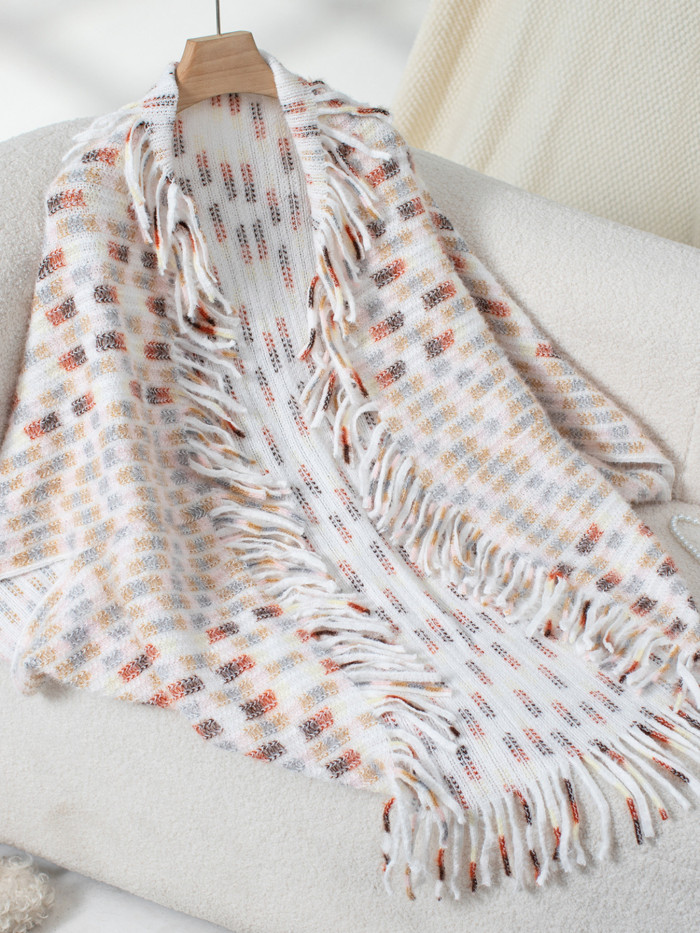 Casual Loose Sweater  Vibrant Plaid Shawl with Tassels for Women