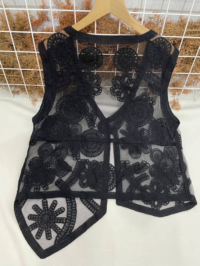 Elegant Asymmetrical Embroidered Floral V-Neck Capelet Loose Fit Vest