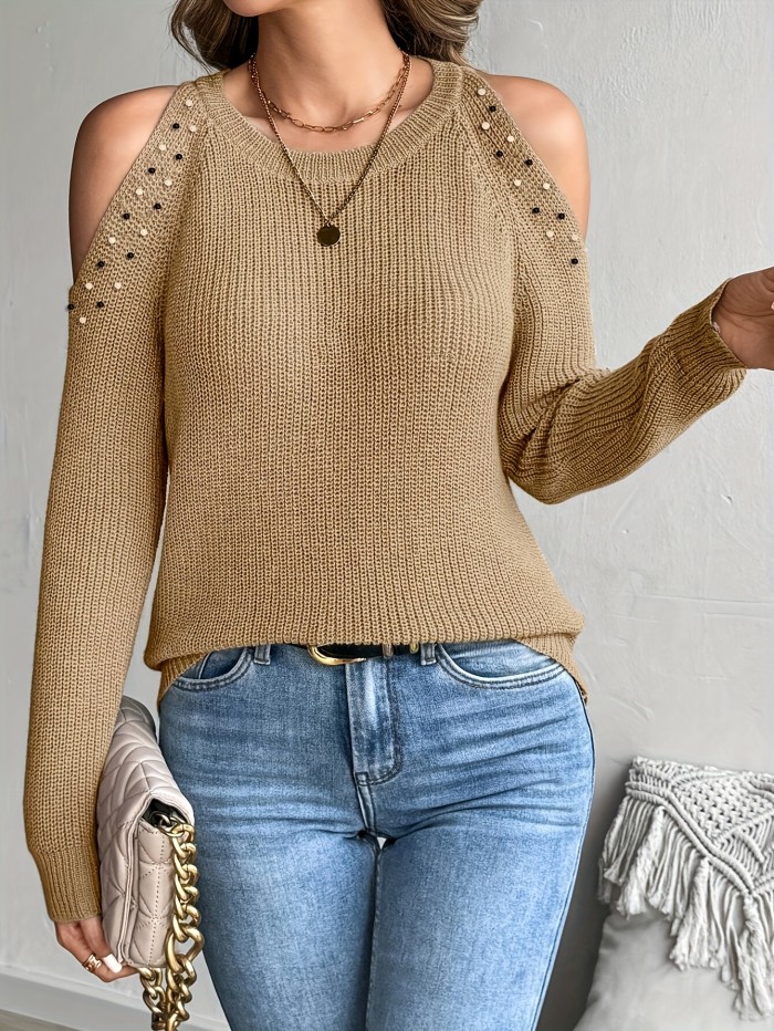 Women's Elegant Off-Shoulder Beaded Long Sleeve Soft Round Neck Pullover Sweater