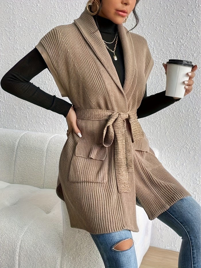 Women's Elegant Special Collection Belted Waist Ribbed Cardigan