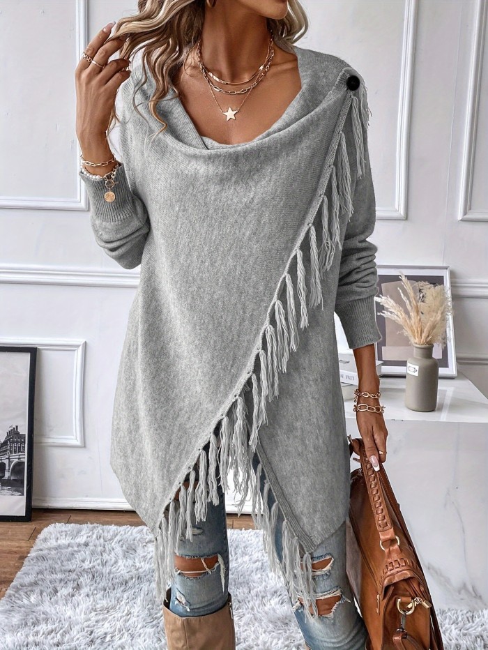 Elegant CardiganElegant Women's Brown Tassel Shawl with Ruffled Hem