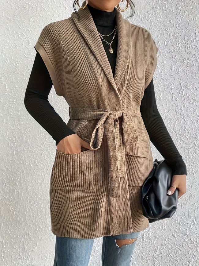 Women's Elegant Special Collection Belted Waist Ribbed Cardigan