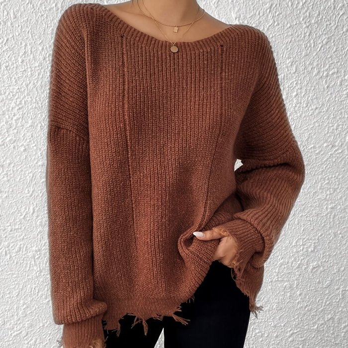 Women'S Elegant Solid Color Crew Neck Knit Sweater