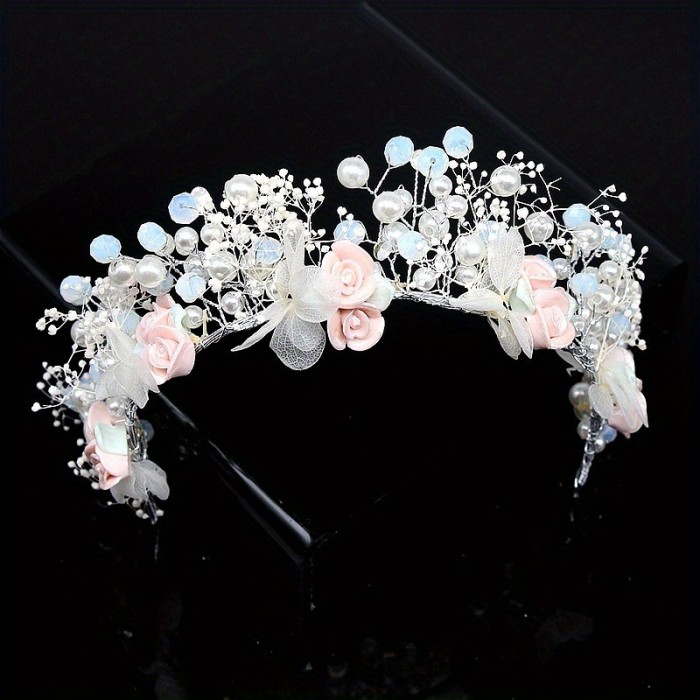 Hand-Woven Mori-Gypsy Bridal Headband with Ceramic Flowers, Accents & Pastel Pink Roses - Lightweight Wedding Hair Accessory for Brides