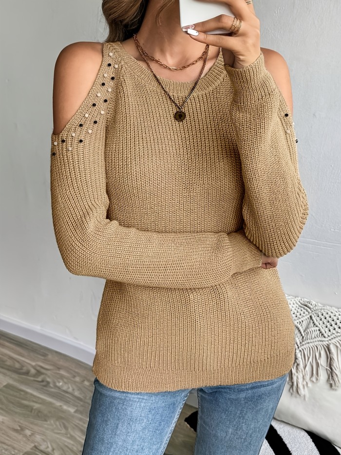 Women's Elegant Off-Shoulder Beaded Long Sleeve Soft Round Neck Pullover Sweater