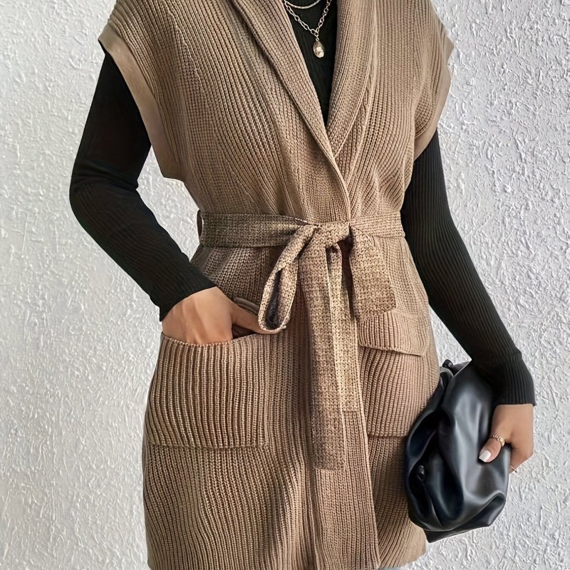 Women's Elegant Special Collection Belted Waist Ribbed Cardigan