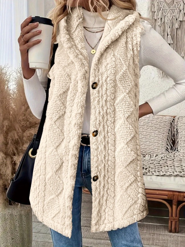 Women'S Elegant Soft Button Sleeveless Hooded Vest