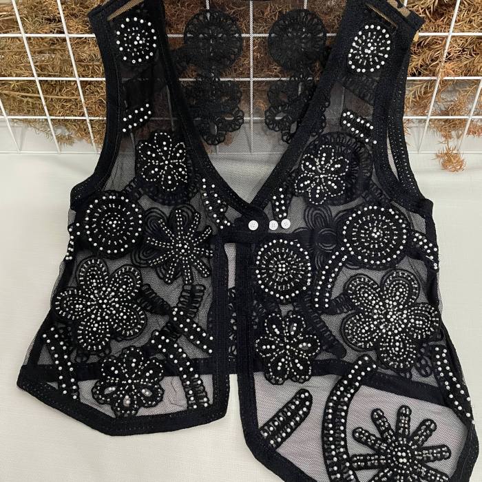 Elegant Asymmetrical Embroidered Floral V-Neck Capelet Loose Fit Vest