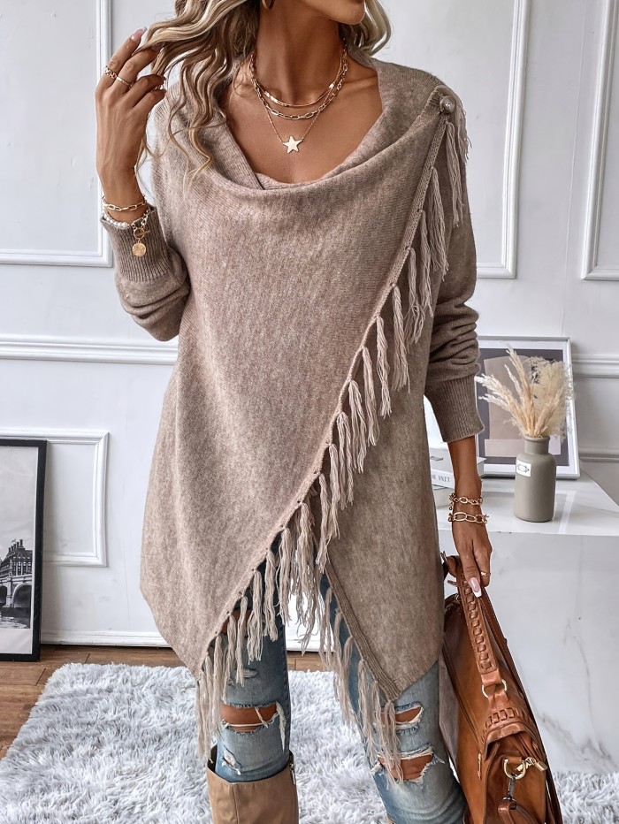 Elegant CardiganElegant Women's Brown Tassel Shawl with Ruffled Hem