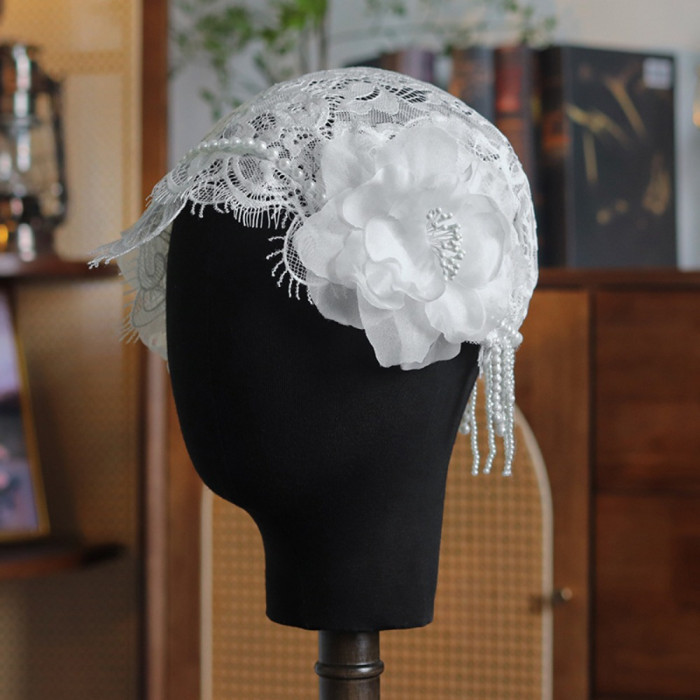 French Vintage Bridal Lace Veil Hair Hat - Floral Wedding Headpiece with Delicate Floral Accents