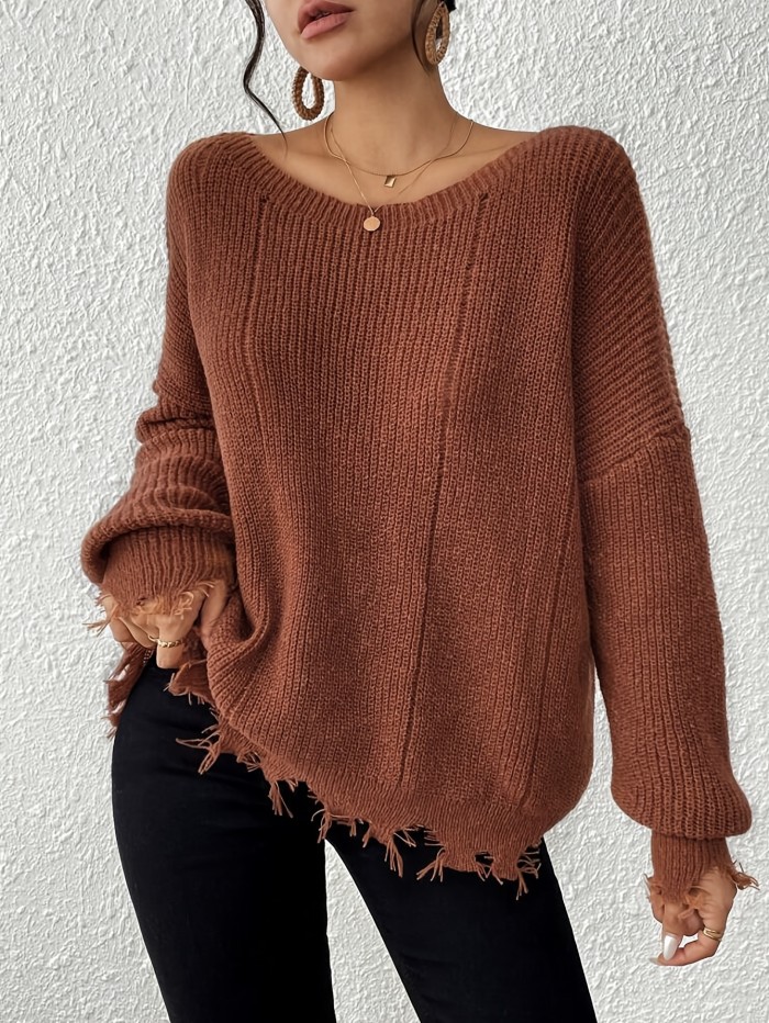 Women'S Elegant Solid Color Crew Neck Knit Sweater