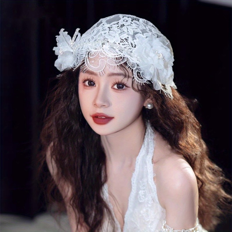 French Vintage Bridal Lace Veil Hair Hat - Floral Wedding Headpiece with Delicate Floral Accents
