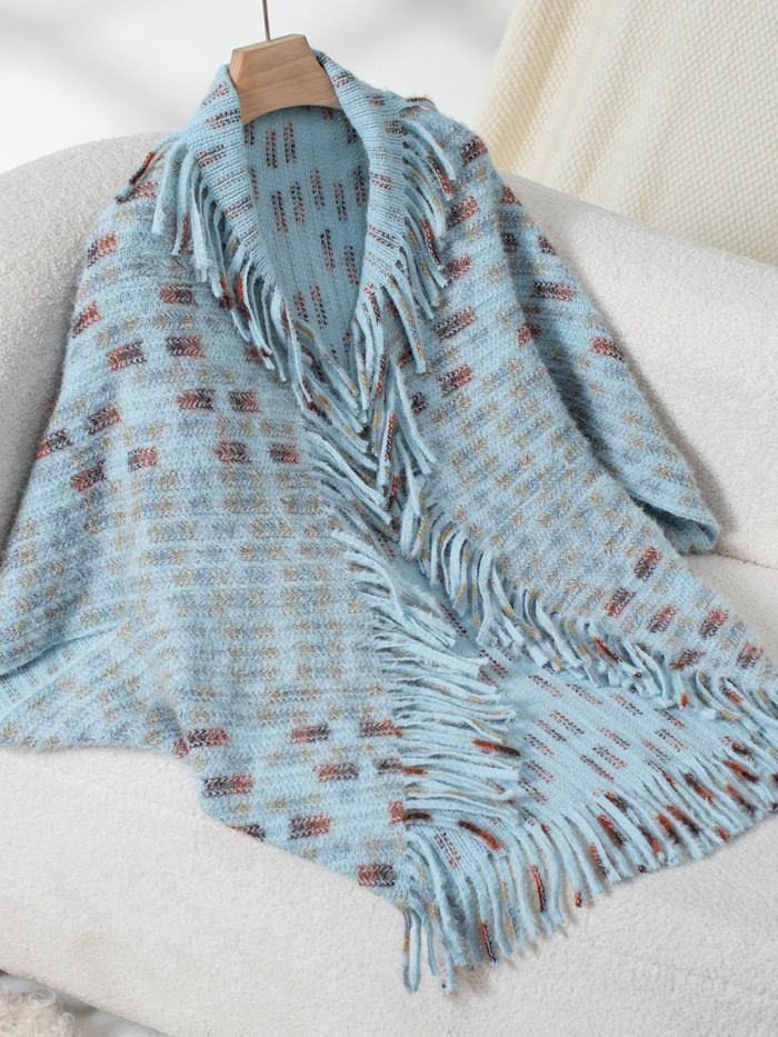 Casual Loose Sweater  Vibrant Plaid Shawl with Tassels for Women