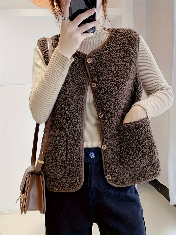 Women's Cozy Fleece Vest - Green Sleeveless Plush Jacket with Button Front & Pockets, Casual Winter Outerwear for Adults, Sweater Vest