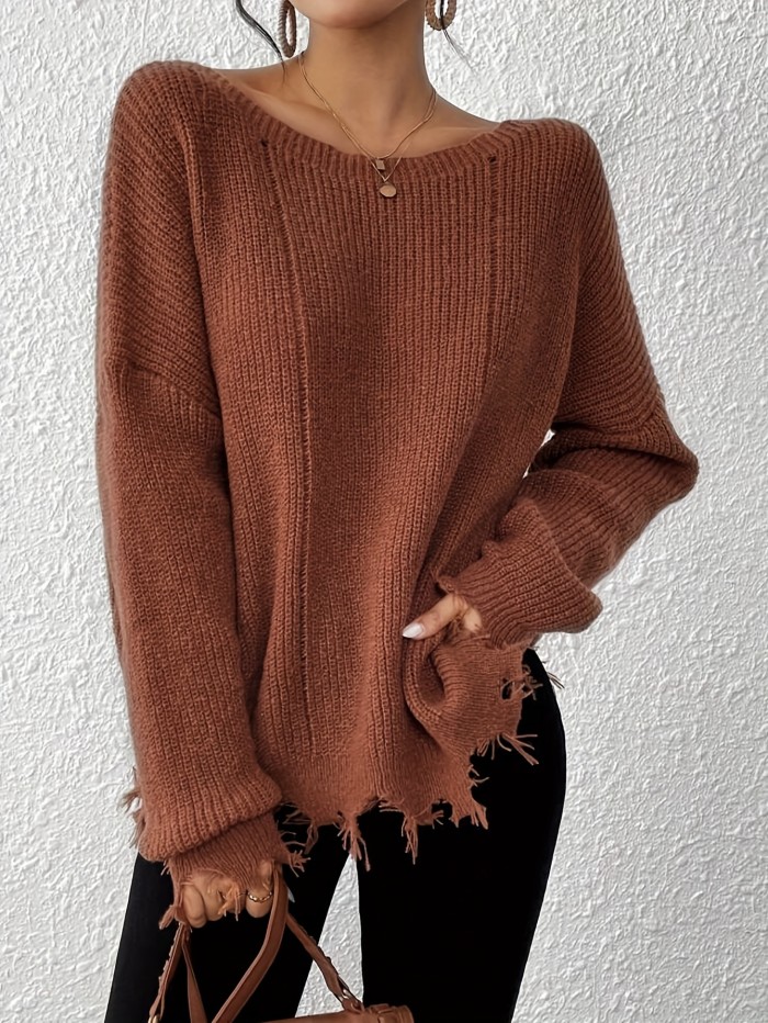 Women'S Elegant Solid Color Crew Neck Knit Sweater