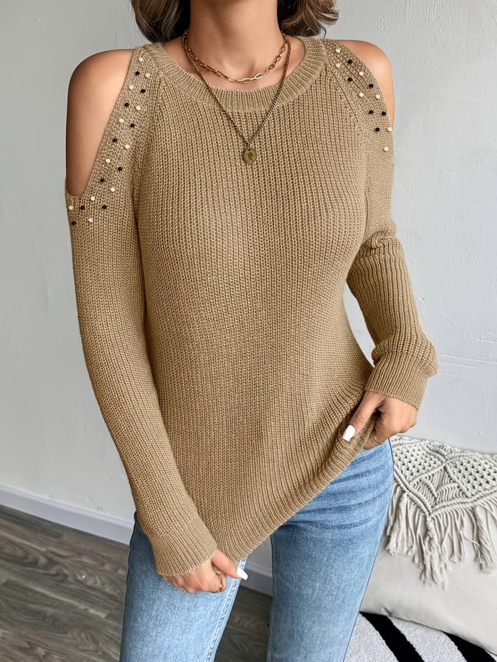 Women's Elegant Off-Shoulder Beaded Long Sleeve Soft Round Neck Pullover Sweater
