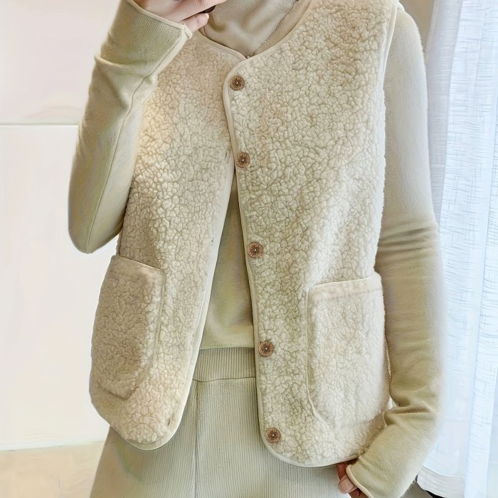 Women's Cozy Fleece Vest - Green Sleeveless Plush Jacket with Button Front & Pockets, Casual Winter Outerwear for Adults, Sweater Vest