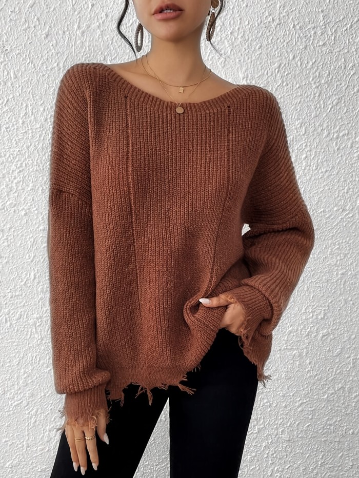 Women'S Elegant Solid Color Crew Neck Knit Sweater