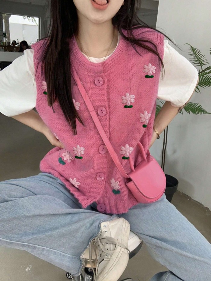 Women'S Elegant Pink Floral Cable Button-Up Sleeveless Sweater Cardigan Vest