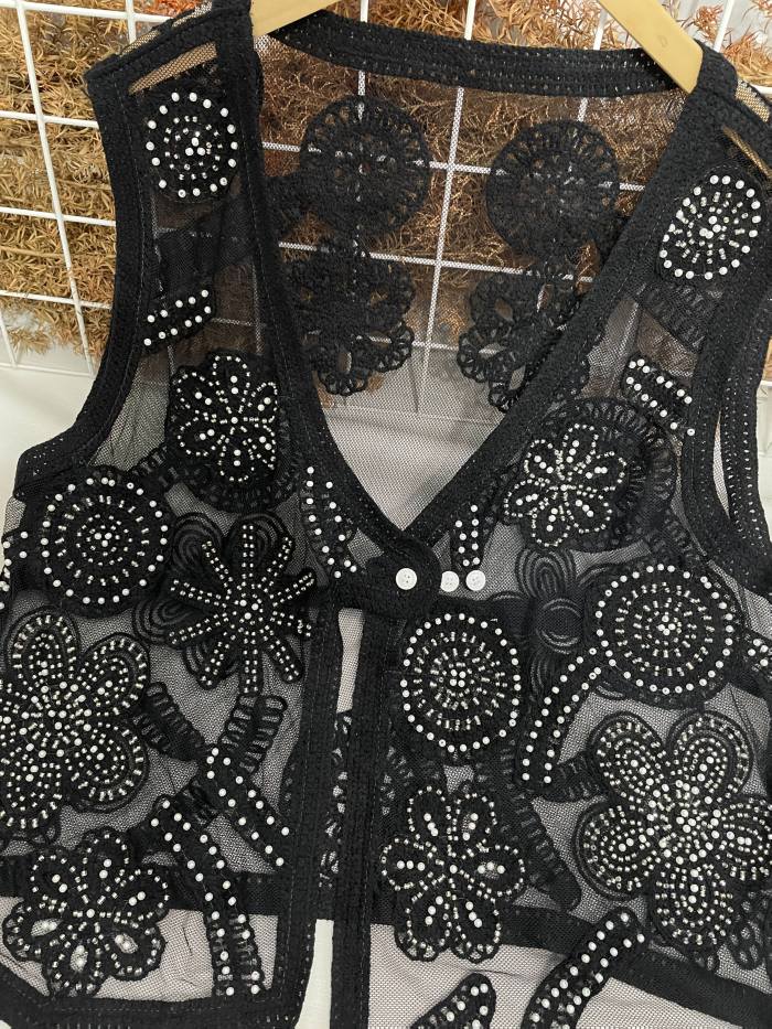 Elegant Asymmetrical Embroidered Floral V-Neck Capelet Loose Fit Vest