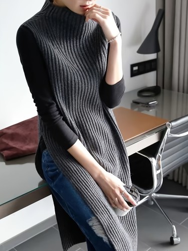 Autumn and Winter New Split Cardigan Knitwear Mid-Length Pullover Half-High Collar Outer Layer Vest Skirt for Women