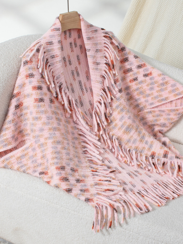 Casual Loose Sweater  Vibrant Plaid Shawl with Tassels for Women
