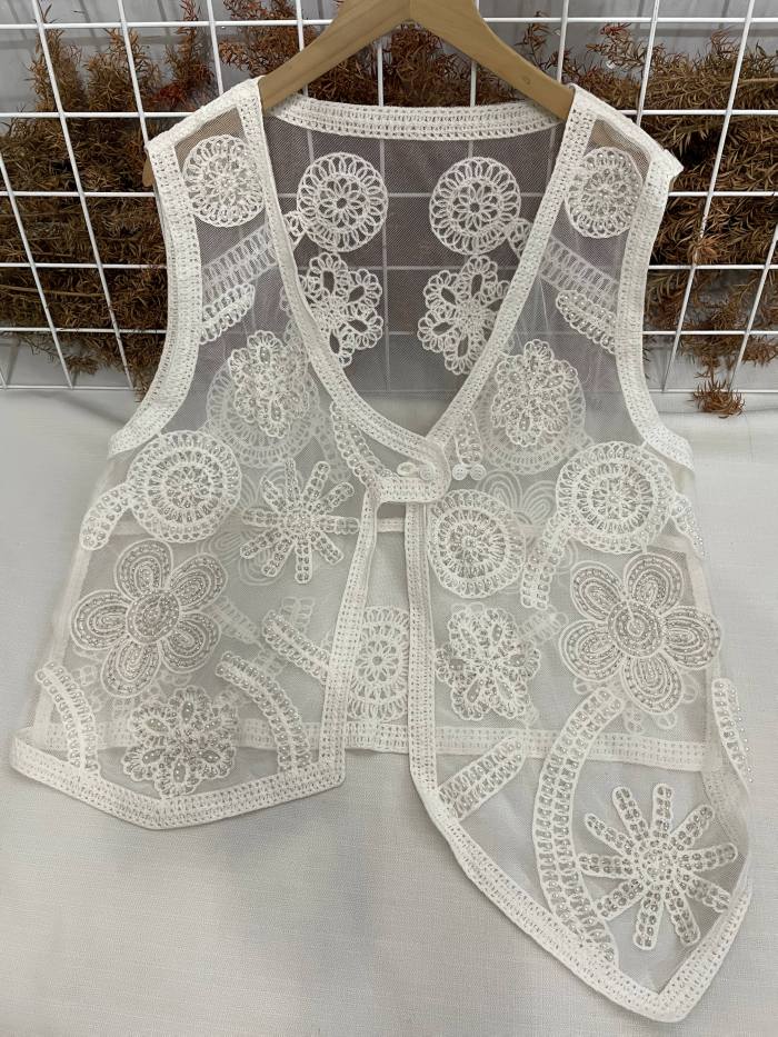 Elegant Asymmetrical Embroidered Floral V-Neck Capelet Loose Fit Vest