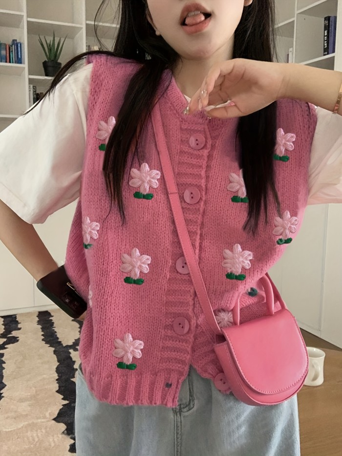 Women'S Elegant Pink Floral Cable Button-Up Sleeveless Sweater Cardigan Vest