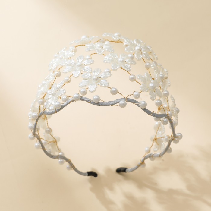 High-end retro handcrafted Imitation Pearl string petal pressed headband