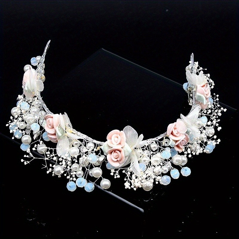 Hand-Woven Mori-Gypsy Bridal Headband with Ceramic Flowers, Accents & Pastel Pink Roses - Lightweight Wedding Hair Accessory for Brides