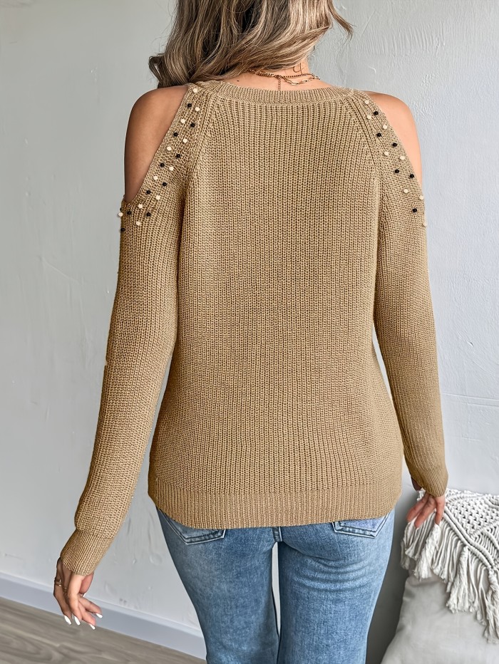 Women's Elegant Off-Shoulder Beaded Long Sleeve Soft Round Neck Pullover Sweater