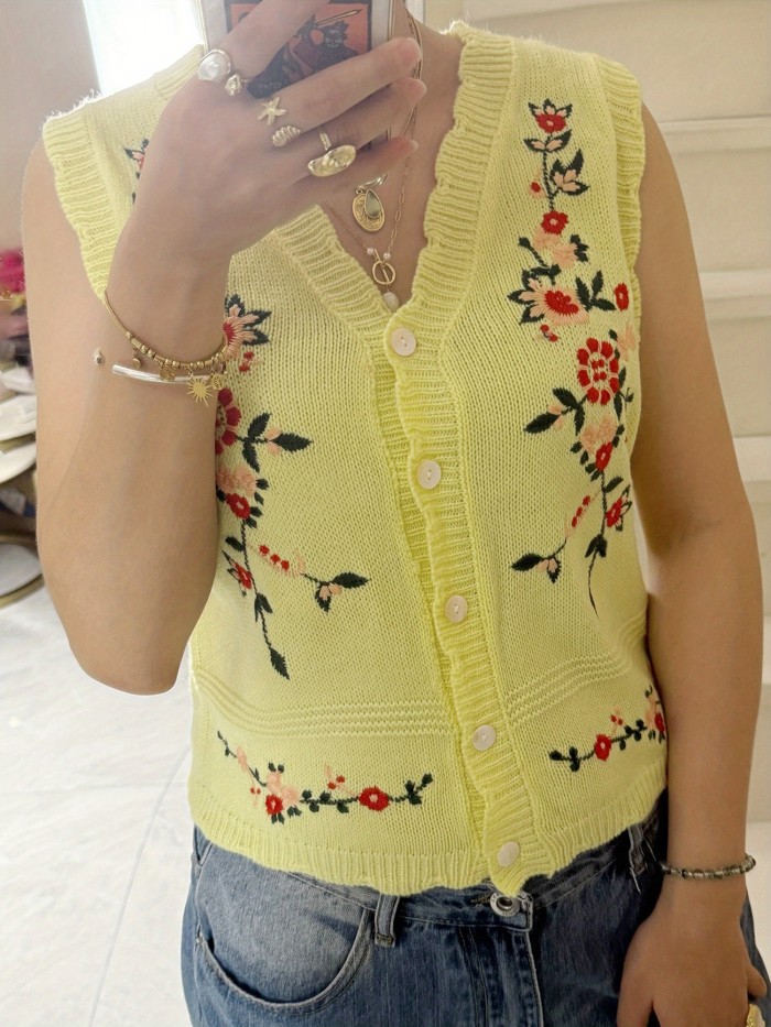 Women's Vibrant Loose Fit Casual Winter Floral Vest Sleeveless Sweater