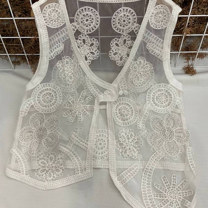 Elegant Asymmetrical Embroidered Floral V-Neck Capelet Loose Fit Vest