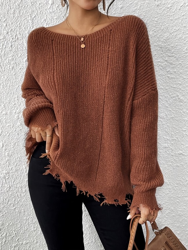 Women'S Elegant Solid Color Crew Neck Knit Sweater