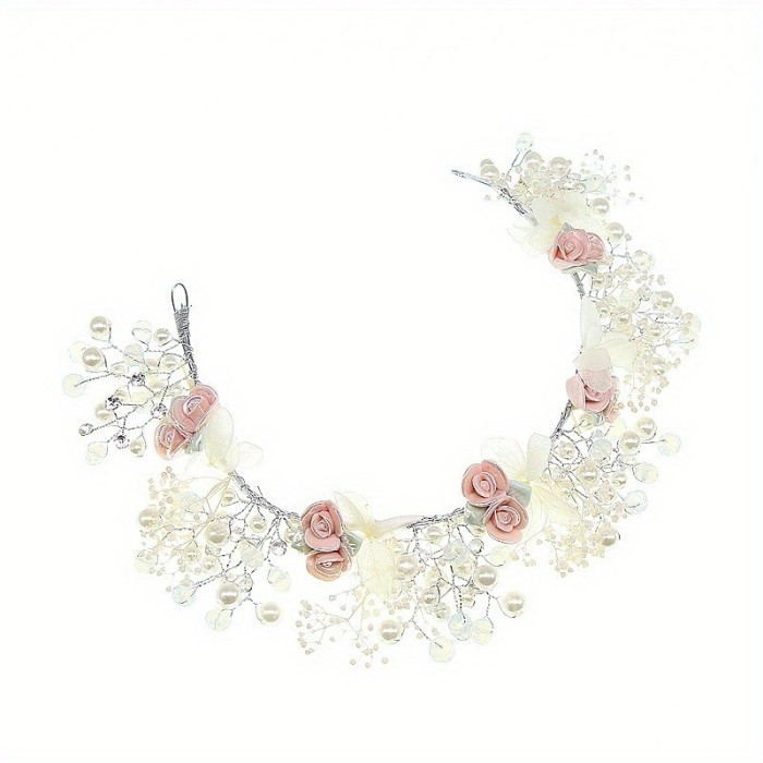 Hand-Woven Mori-Gypsy Bridal Headband with Ceramic Flowers, Accents & Pastel Pink Roses - Lightweight Wedding Hair Accessory for Brides