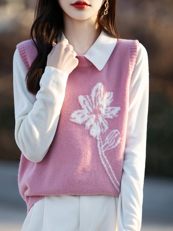 Women's Casual Chic Elegant 100% Wool Thick Round Neck Sweater Vest