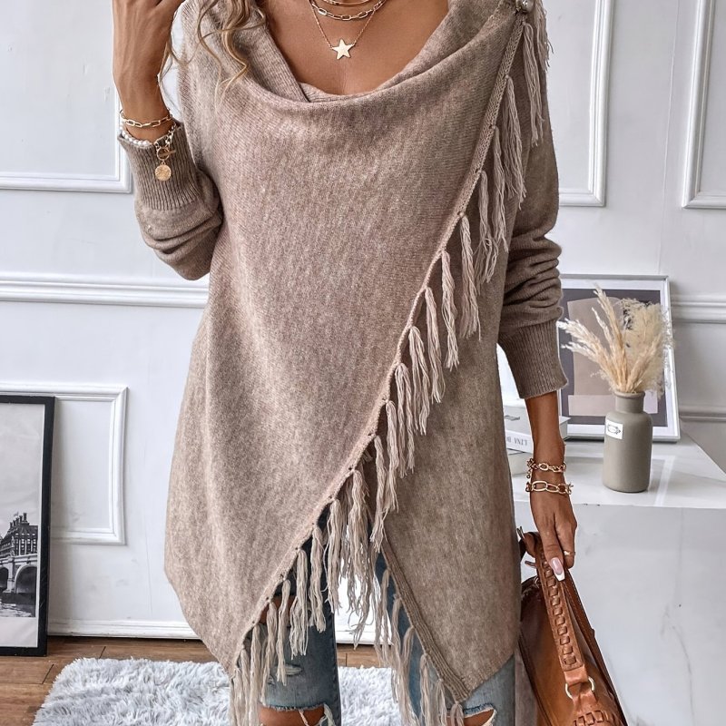 Elegant CardiganElegant Women's Brown Tassel Shawl with Ruffled Hem