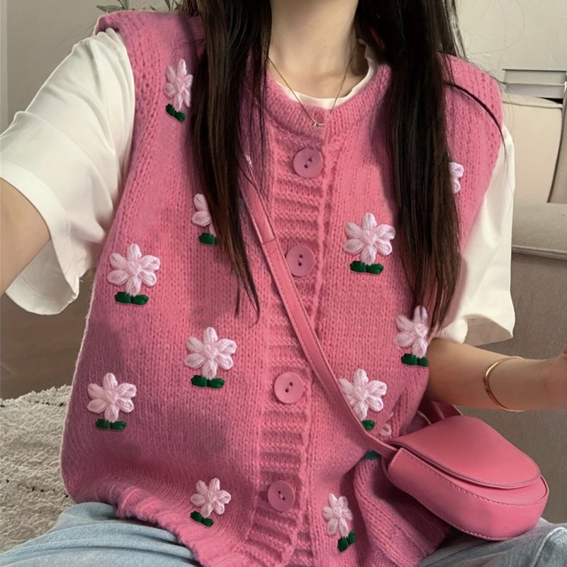 Women'S Elegant Pink Floral Cable Button-Up Sleeveless Sweater Cardigan Vest